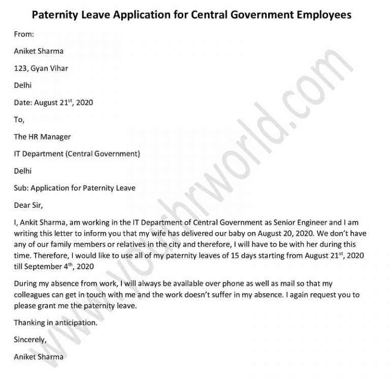 Paternity Leave Application Format For Central Government Employees