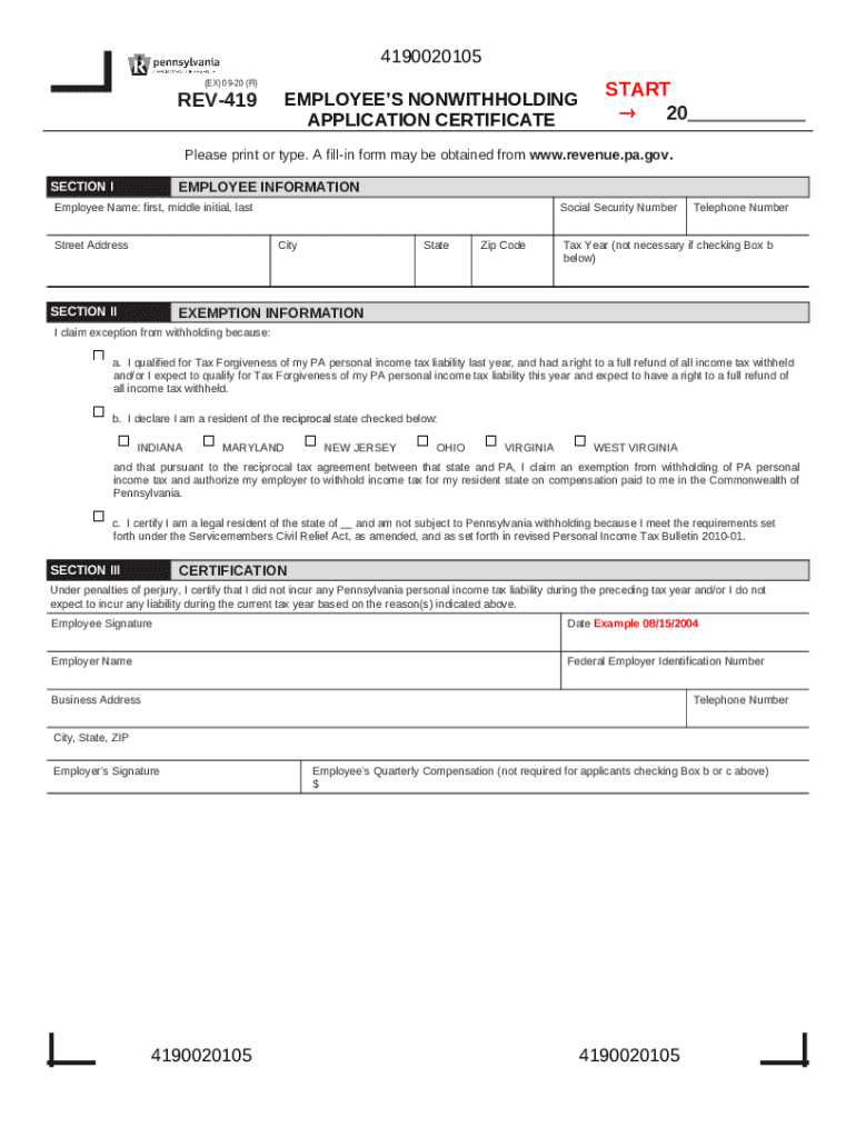 Pennsylvania Employee s Nonwithholding Application Certificate Doc