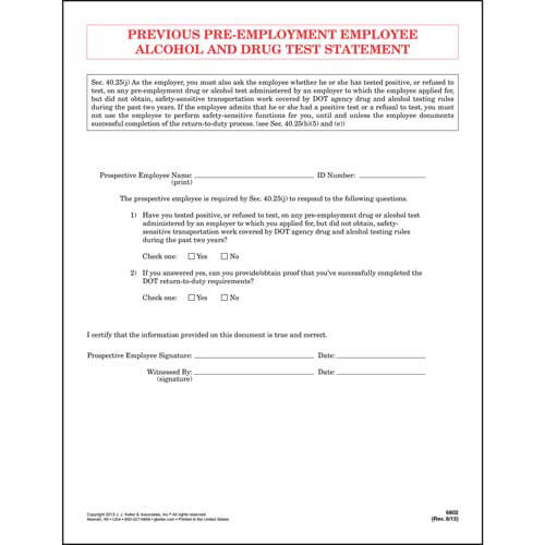 Previous Pre Employment Employee Alcohol Drug Test Statement Padded