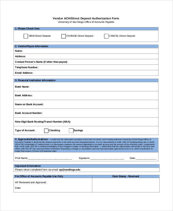 Printable 016 Ach Deposit Authorization Form Template Direct Shocking 