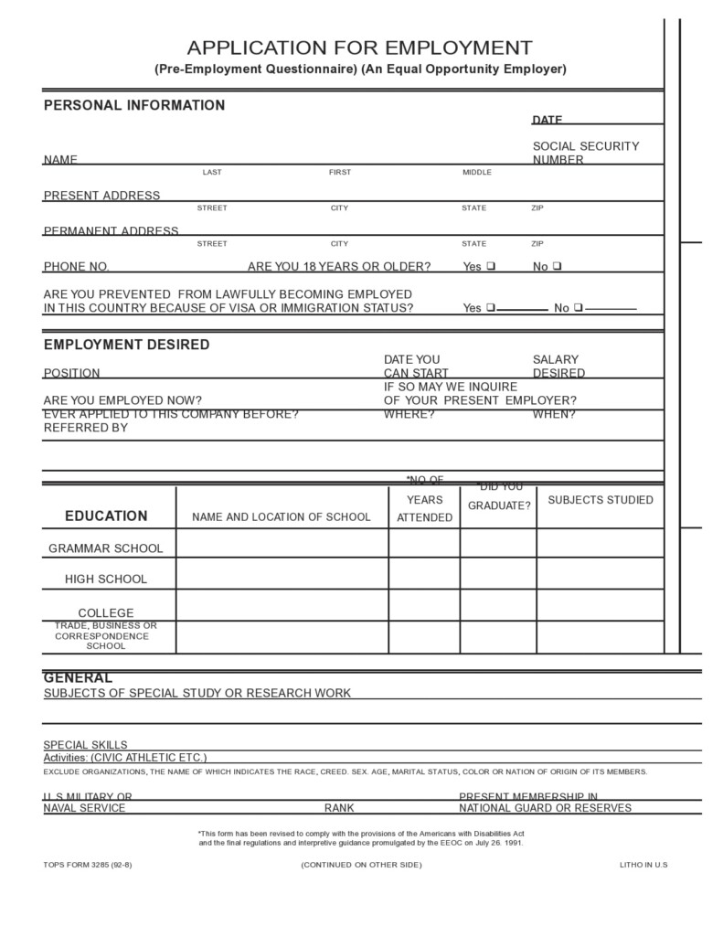 Printable Basic Employment Application Template Printable Templates