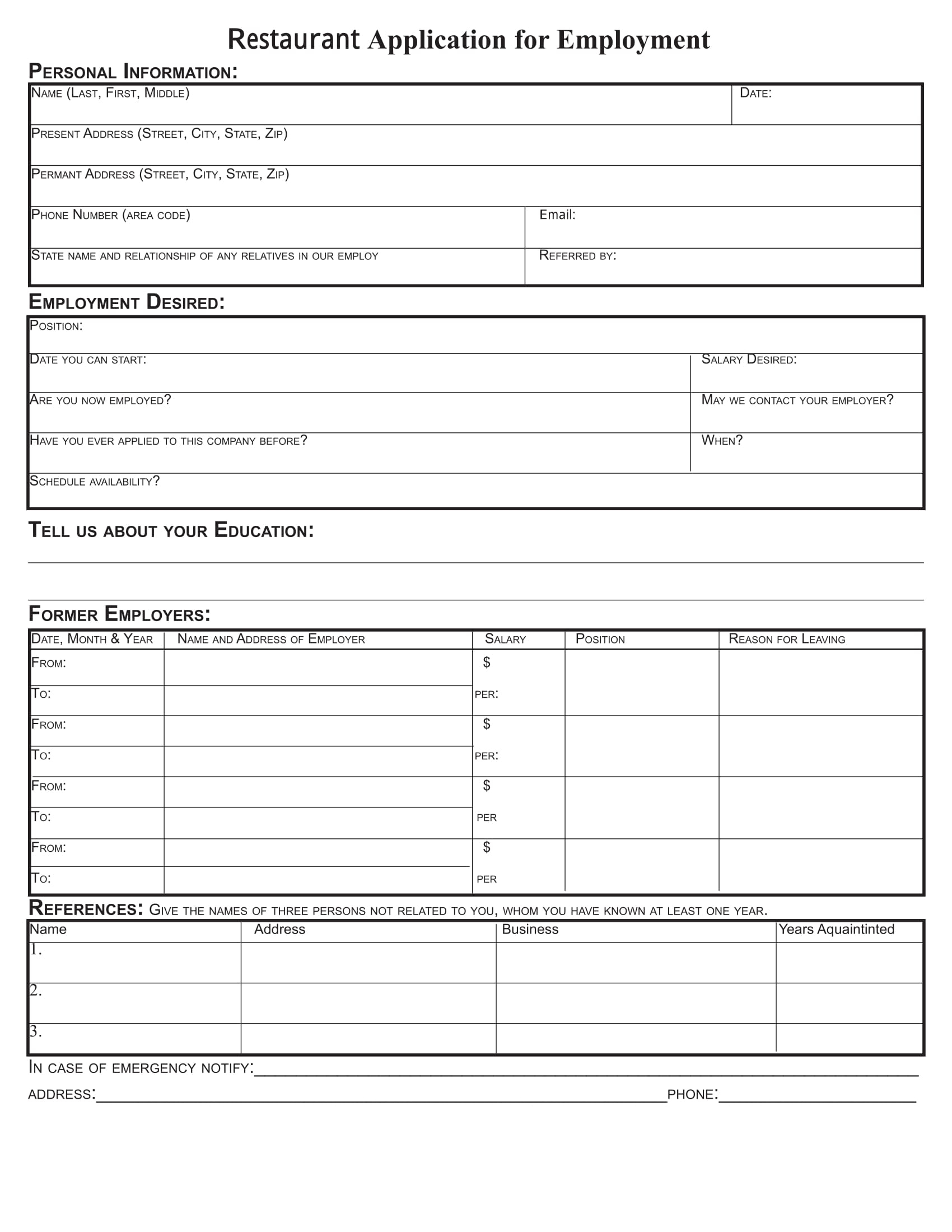 Printable Restaurant Job Application Template Printable Templates