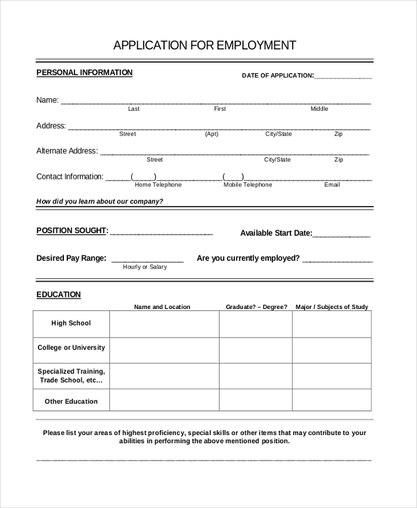 Printable Restaurant Job Application Template Printable Templates