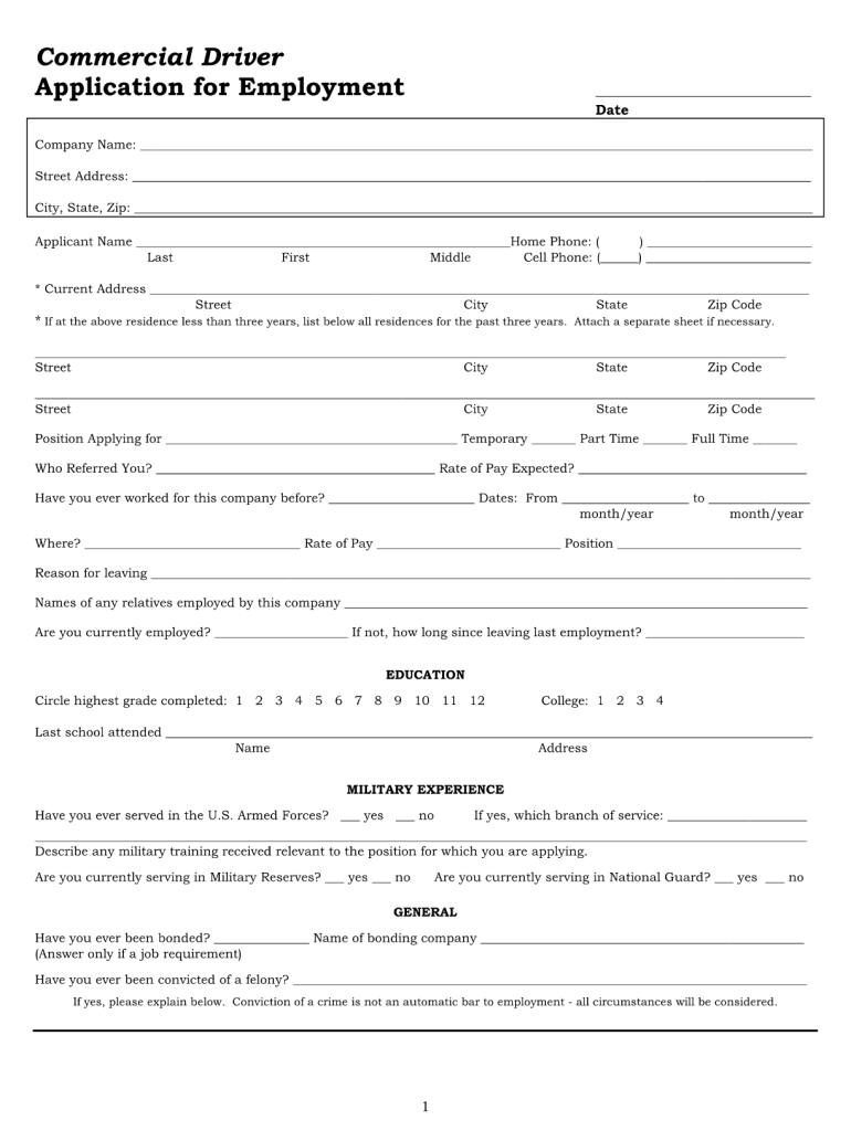 Printable Truck Driver Employment Application Template Printable