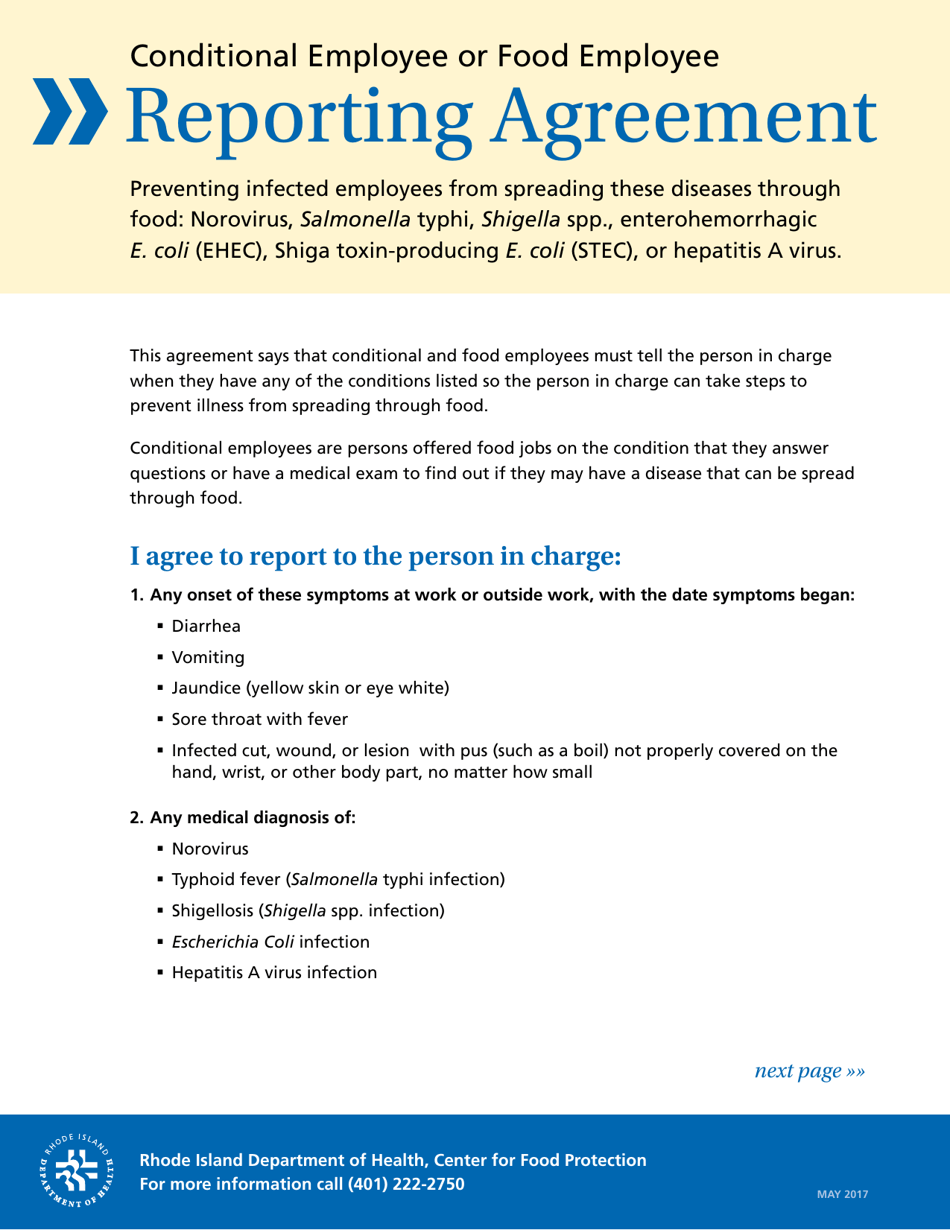 Rhode Island Conditional Employee Or Food Employee Reporting Agreement