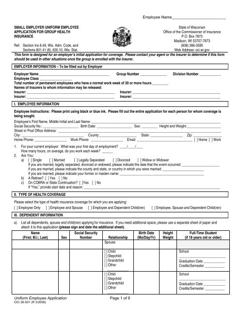 Small Employer Uniform Employee Application For Group Health 