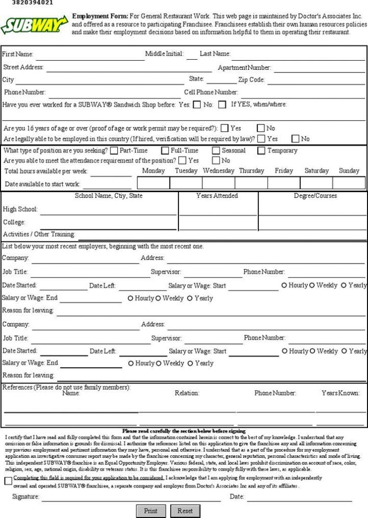 Subway Job Application Employment Application Job Application 