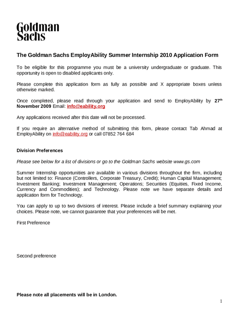 The Goldman Sachs EmployAbility Summer Internship 2010 Application Doc